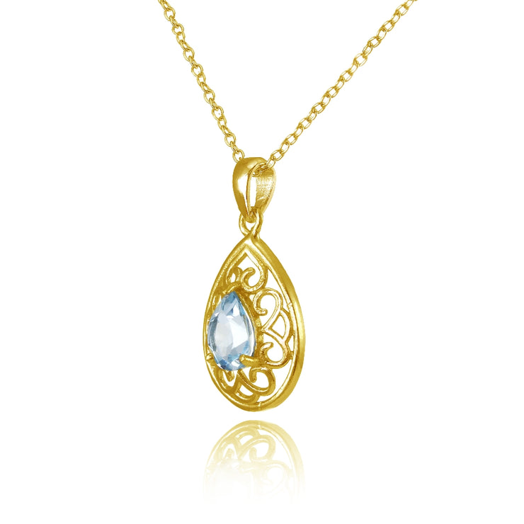 Yellow Gold Flashed Sterling Silver Blue Topaz Filigree Teardrop Necklace