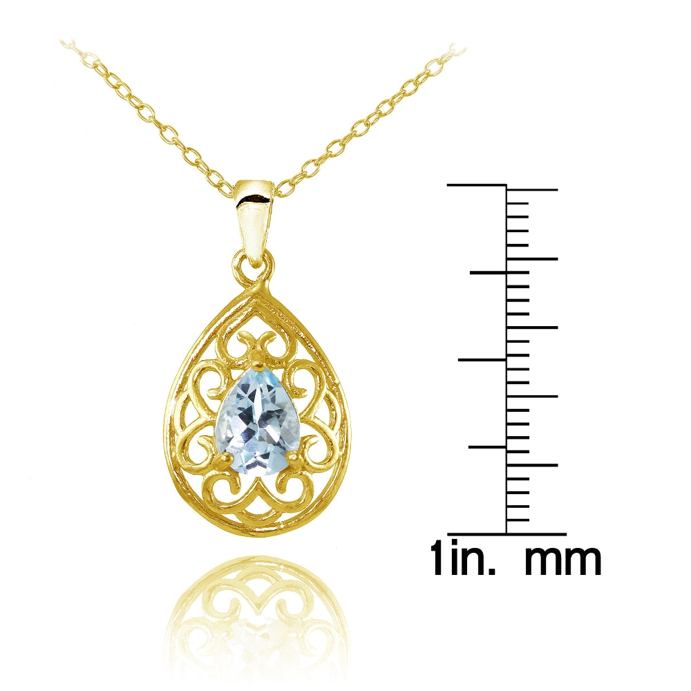Yellow Gold Flashed Sterling Silver Blue Topaz Filigree Teardrop Necklace-3