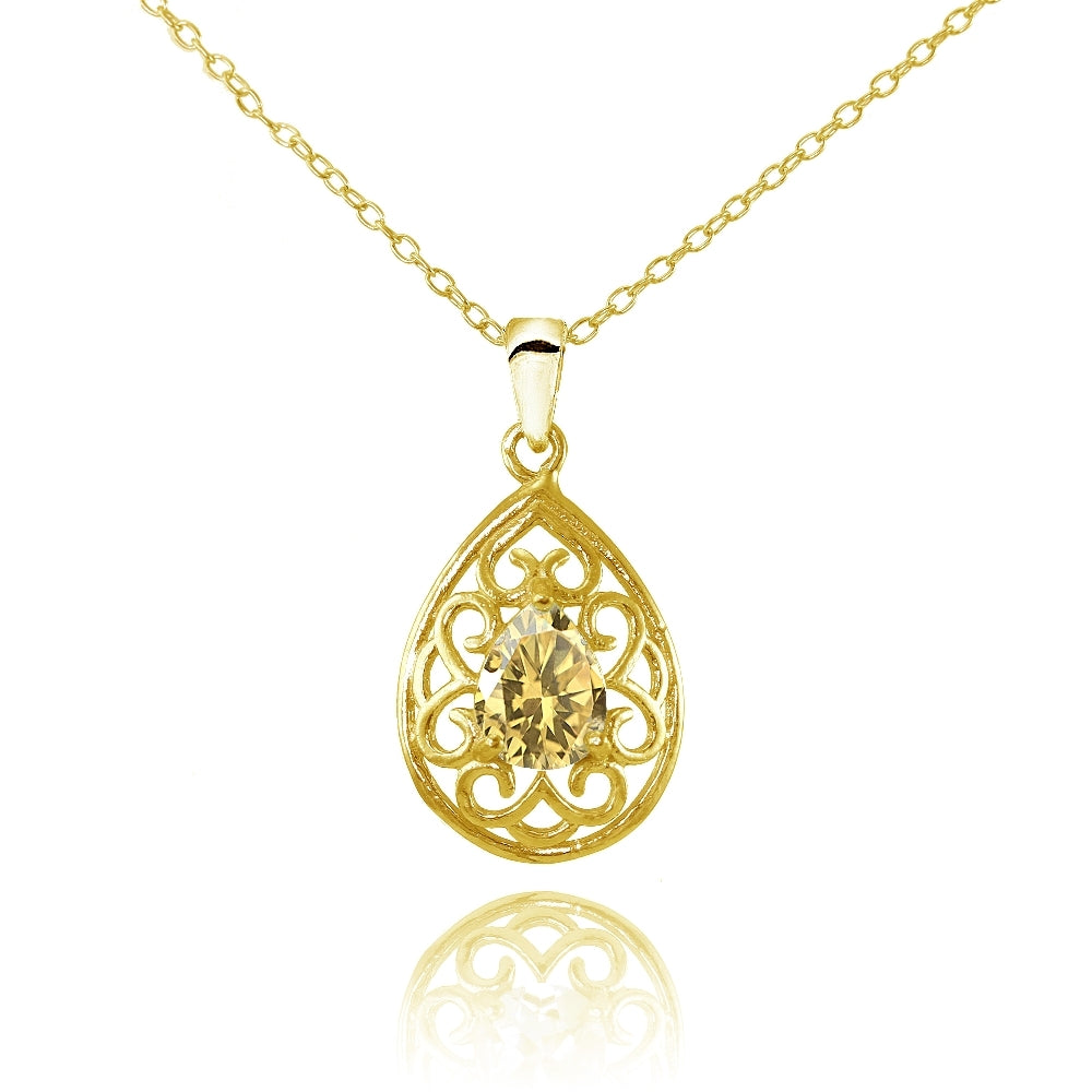 Yellow Gold Flashed Sterling Silver Citrine Filigree Teardrop Necklace