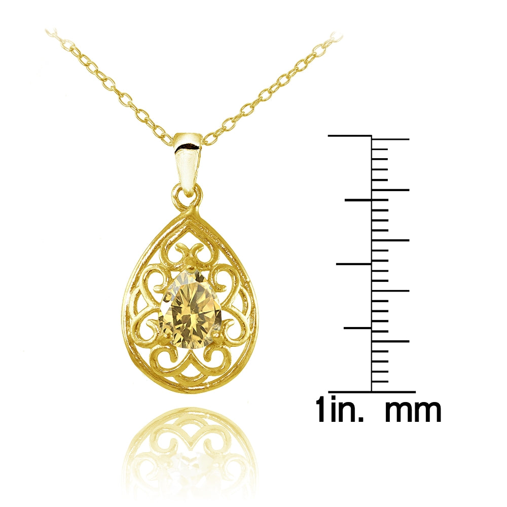 Yellow Gold Flashed Sterling Silver Citrine Filigree Teardrop Necklace-3