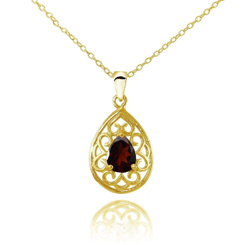 Yellow Gold Flashed Sterling Silver Garnet Filigree Teardrop Necklace