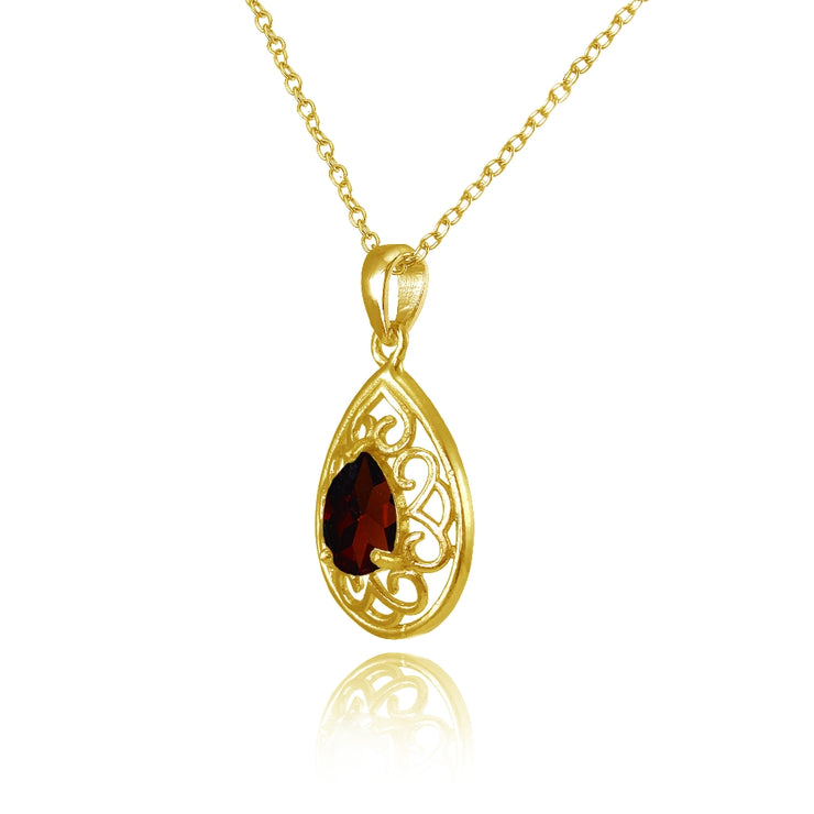 Yellow Gold Flashed Sterling Silver Garnet Filigree Teardrop Necklace
