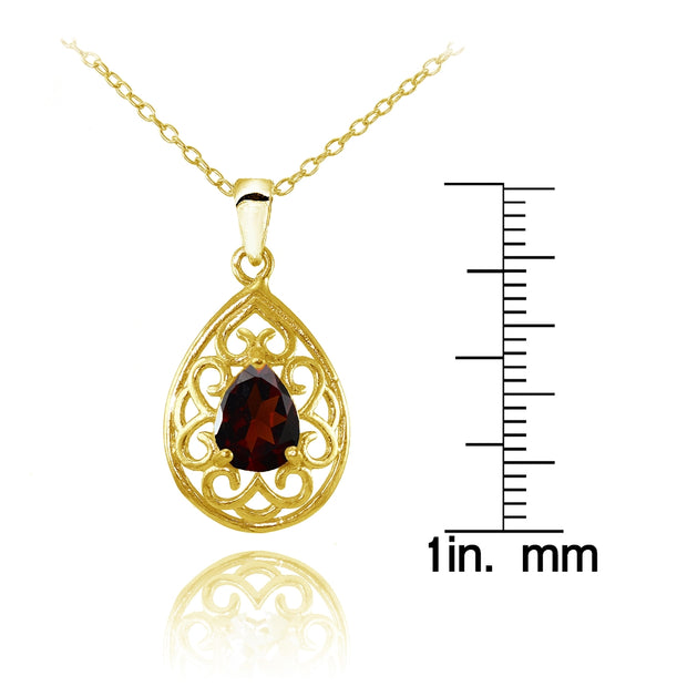 Yellow Gold Flashed Sterling Silver Garnet Filigree Teardrop Necklace