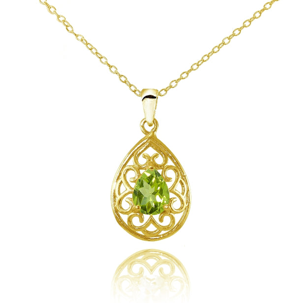 Yellow Gold Flashed Sterling Silver Peridot Filigree Teardrop Necklace