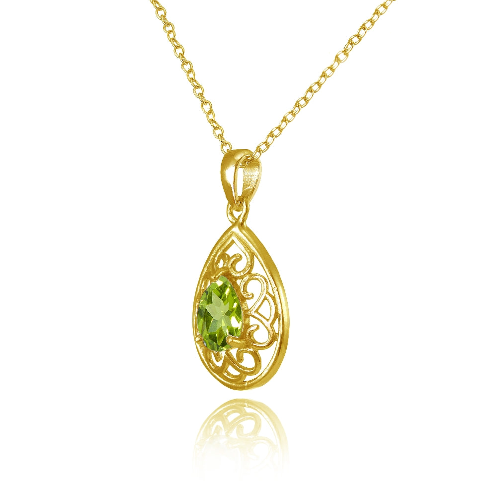 Yellow Gold Flashed Sterling Silver Peridot Filigree Teardrop Necklace-2