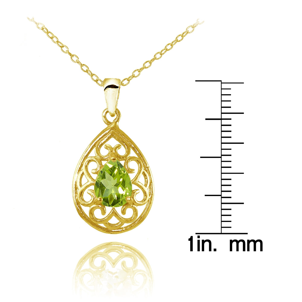 Yellow Gold Flashed Sterling Silver Peridot Filigree Teardrop Necklace-3