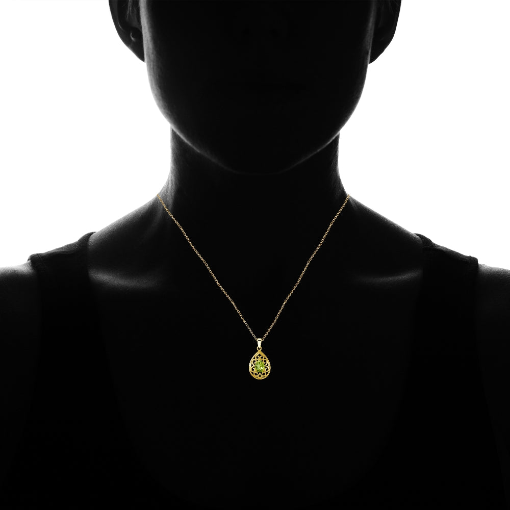 Yellow Gold Flashed Sterling Silver Peridot Filigree Teardrop Necklace-4