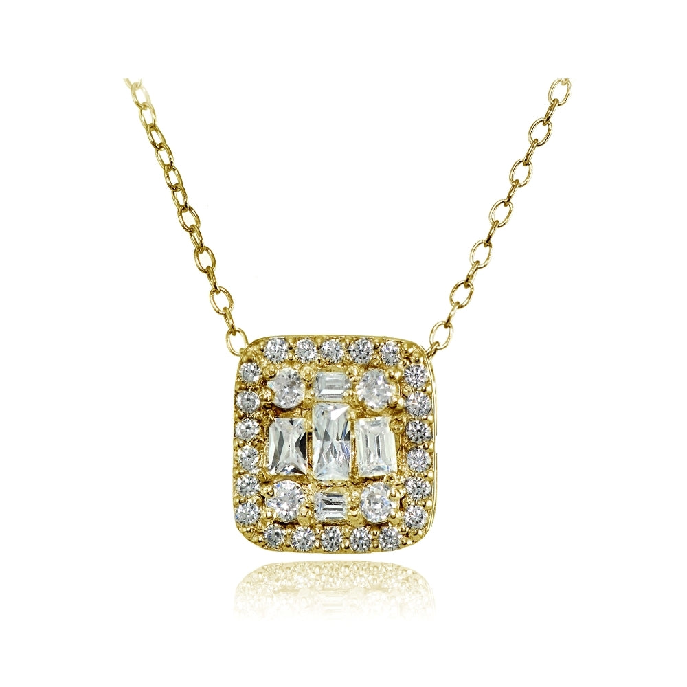 Yellow Gold Flashed Silver Cubic Zirconia Baguette and Round Cut Square Necklace