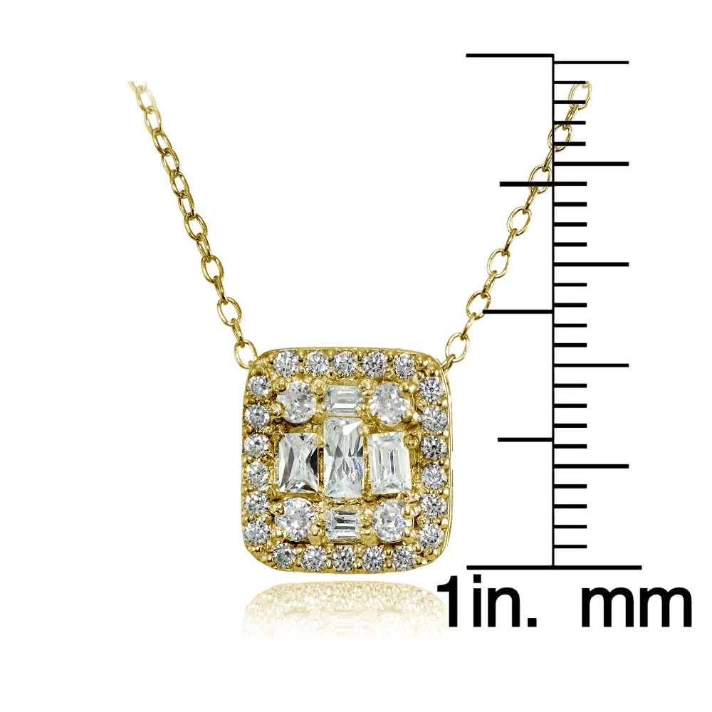 Yellow Gold Flashed Silver Cubic Zirconia Baguette and Round Cut Square Necklace-3