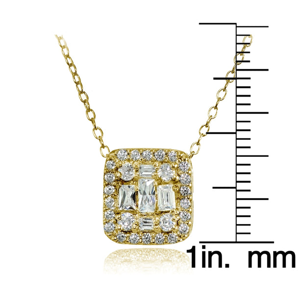 Yellow Gold Flashed Silver Cubic Zirconia Baguette and Round Cut Square Necklace
