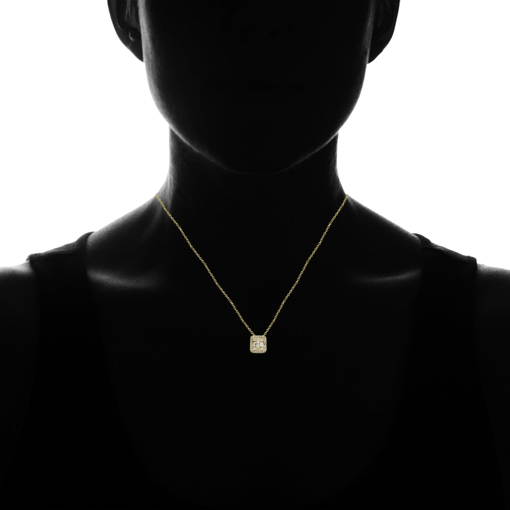 Yellow Gold Flashed Silver Cubic Zirconia Baguette and Round Cut Square Necklace-4