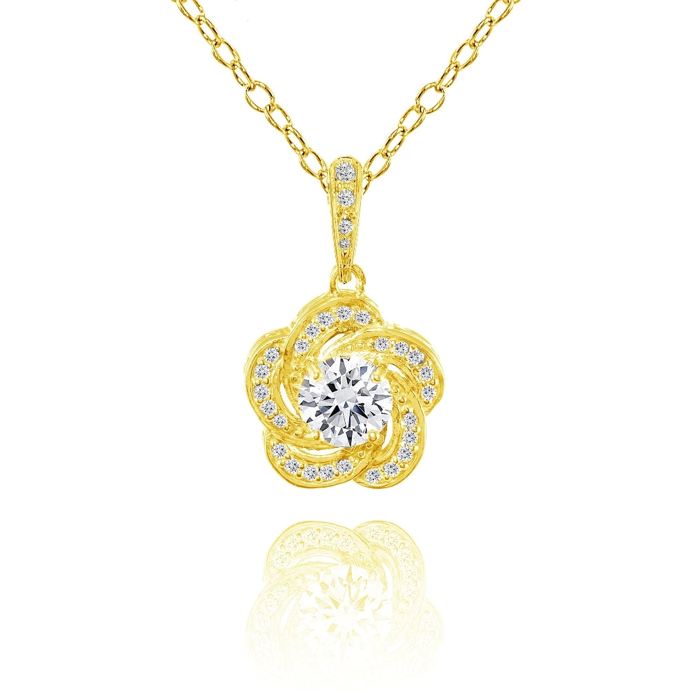 Yellow Gold Flashed Sterling Silver Cubic Zirconia Flower Swirl Necklace