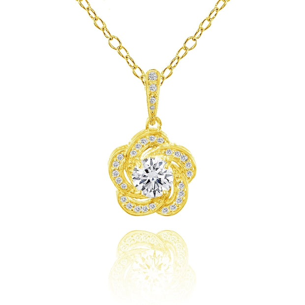 Yellow Gold Flashed Sterling Silver Cubic Zirconia Flower Swirl Necklace
