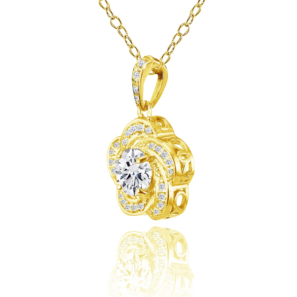 Yellow Gold Flashed Sterling Silver Cubic Zirconia Flower Swirl Necklace-2