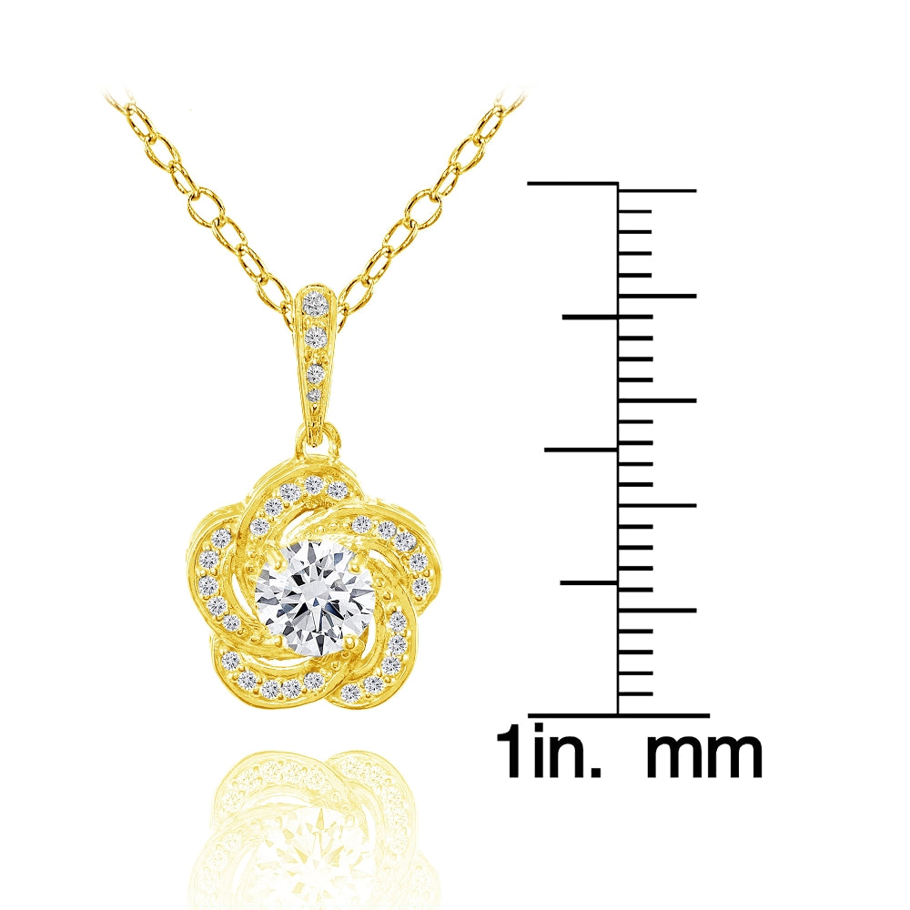 Yellow Gold Flashed Sterling Silver Cubic Zirconia Flower Swirl Necklace-3