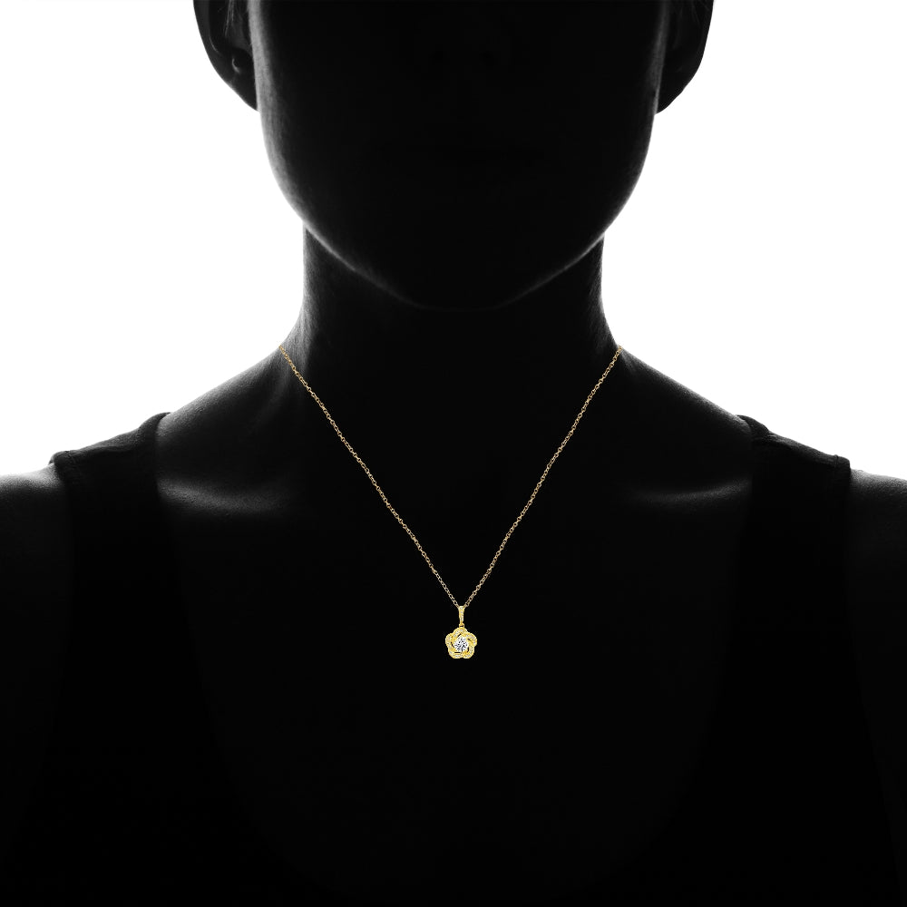 Yellow Gold Flashed Sterling Silver Cubic Zirconia Flower Swirl Necklace-4