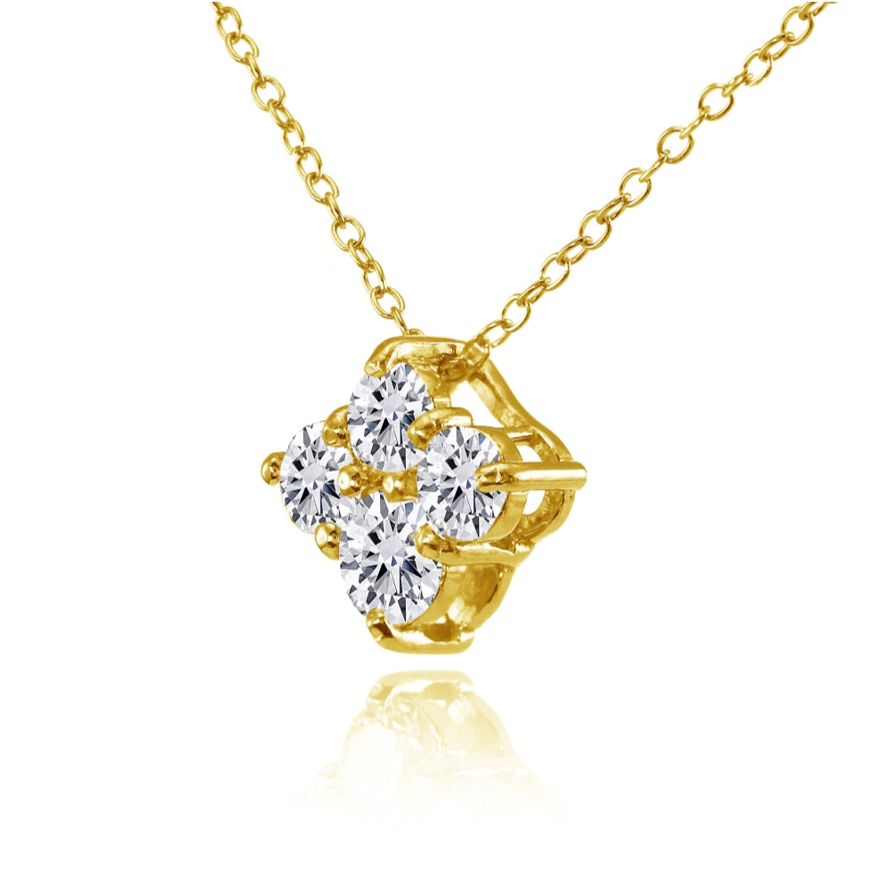 Yellow Gold Flashed Sterling Silver Cubic Zirconia 4-Stone Cluster Necklace-2