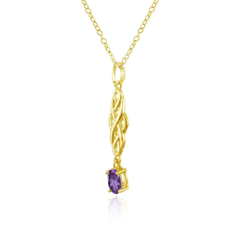 Yellow Gold Flashed Sterling Silver African Amethyst Oval Celtic Knot Dangling Drop Necklace-2