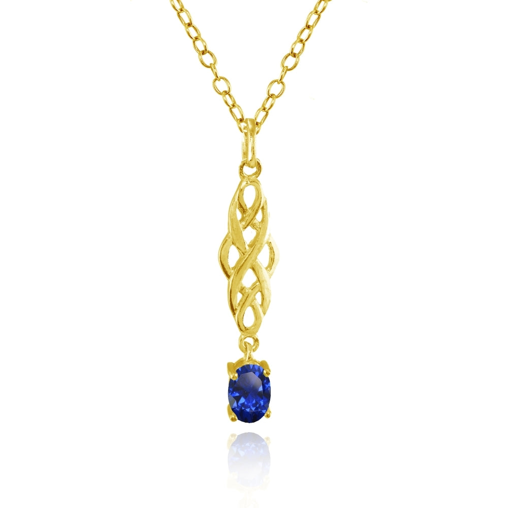 Yellow Gold Flashed Sterling Silver Created Blue Sapphire Oval Celtic Knot Dangling Drop Necklace
