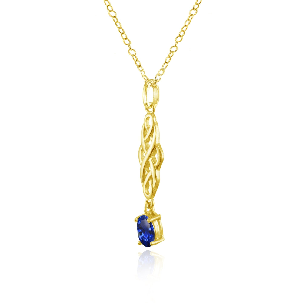 Yellow Gold Flashed Sterling Silver Created Blue Sapphire Oval Celtic Knot Dangling Drop Necklace-2