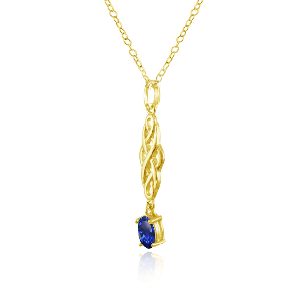 Yellow Gold Flashed Sterling Silver Created Blue Sapphire Oval Celtic Knot Dangling Drop Necklace