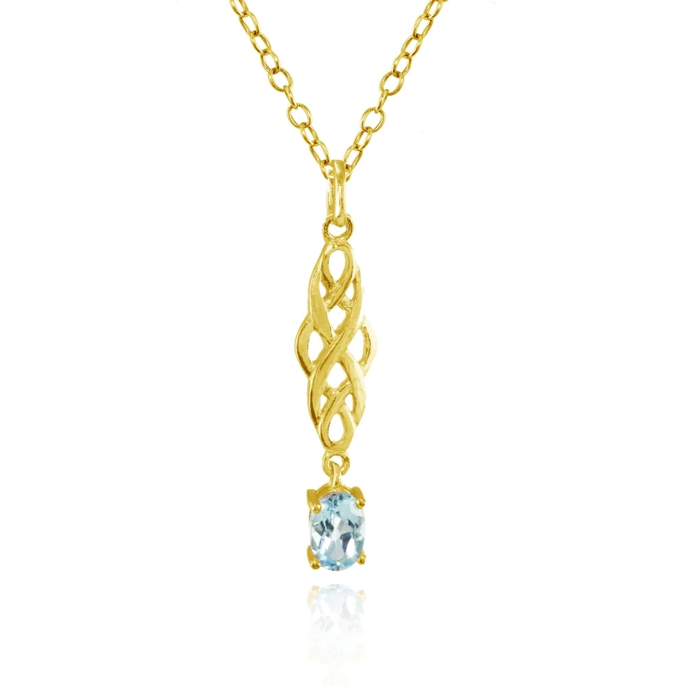 Yellow Gold Flashed Sterling Silver Blue Topaz Oval Celtic Knot Dangling Drop Necklace