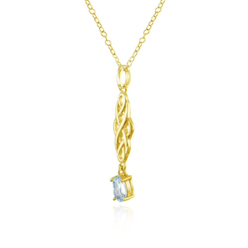 Yellow Gold Flashed Sterling Silver Blue Topaz Oval Celtic Knot Dangling Drop Necklace-2