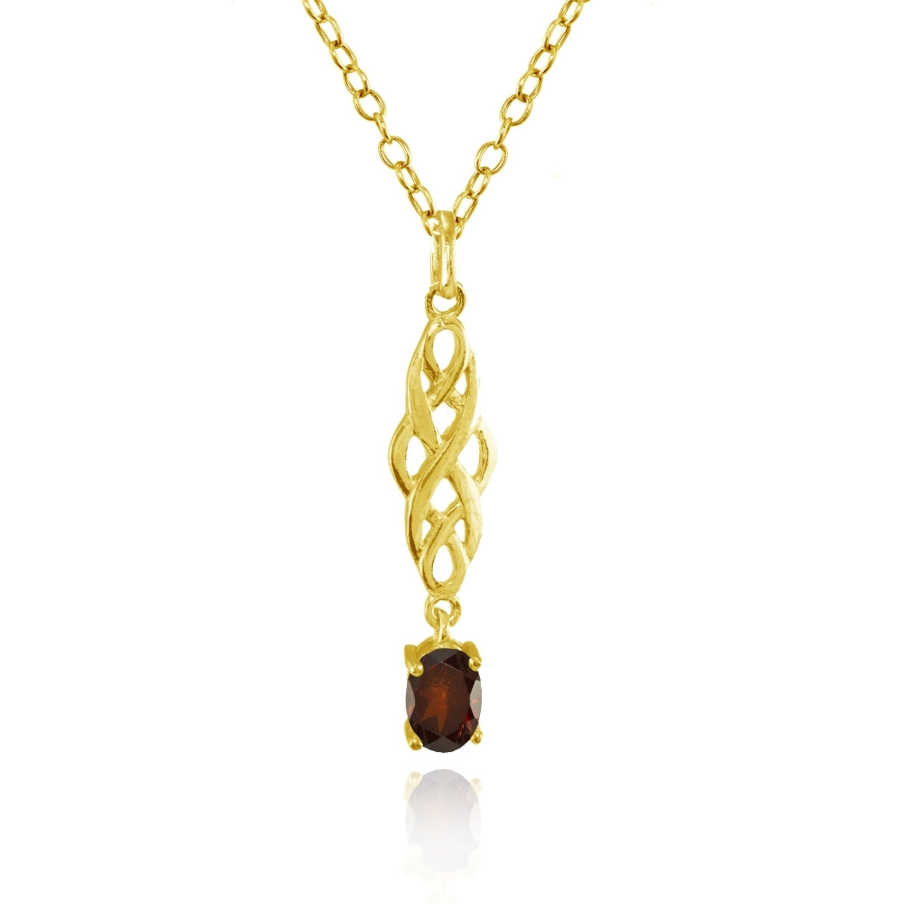 Yellow Gold Flashed Sterling Silver Garnet Oval Celtic Knot Dangling Drop Necklace