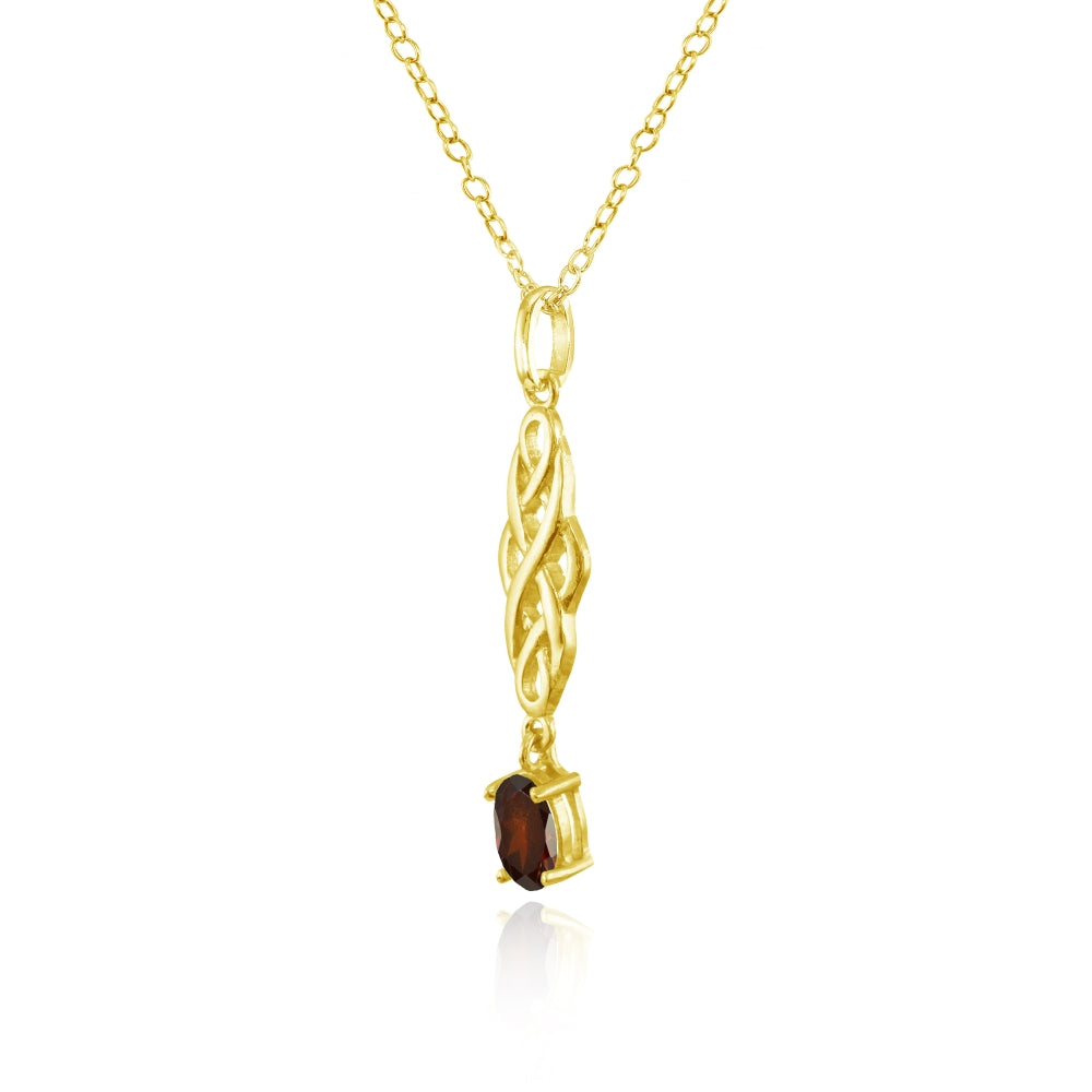 Yellow Gold Flashed Sterling Silver Garnet Oval Celtic Knot Dangling Drop Necklace-2