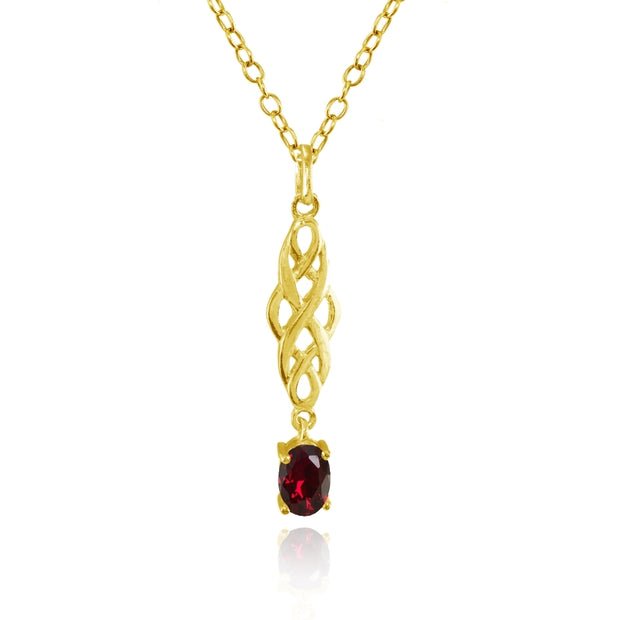 Yellow Gold Flashed Sterling Silver Created Ruby Oval Celtic Knot Dangling Drop Necklace