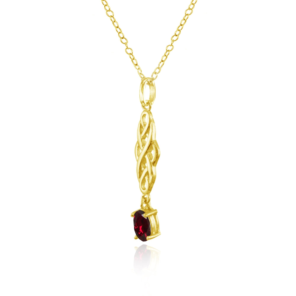 Yellow Gold Flashed Sterling Silver Created Ruby Oval Celtic Knot Dangling Drop Necklace-2