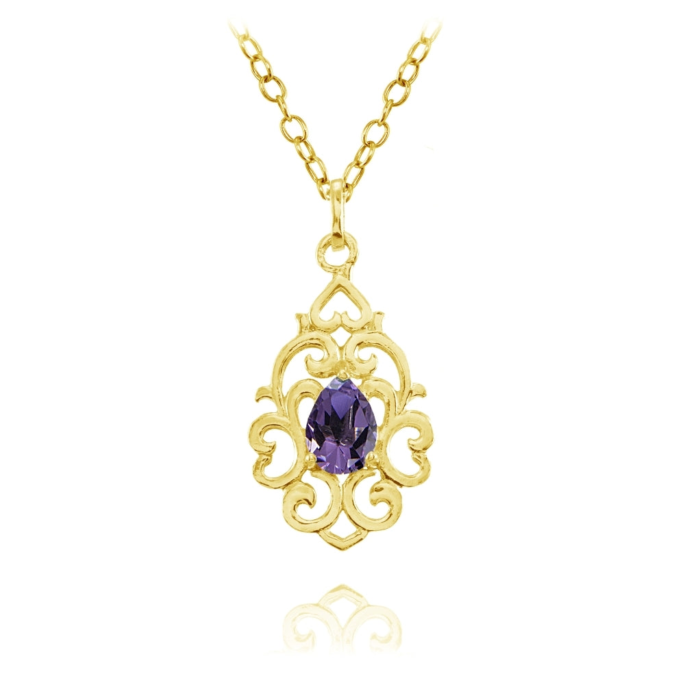 Yellow Gold Flashed Sterling Silver African Amethyst Filigree Heart Teardrop Necklace
