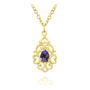 Yellow Gold Flashed Sterling Silver African Amethyst Filigree Heart Teardrop Necklace