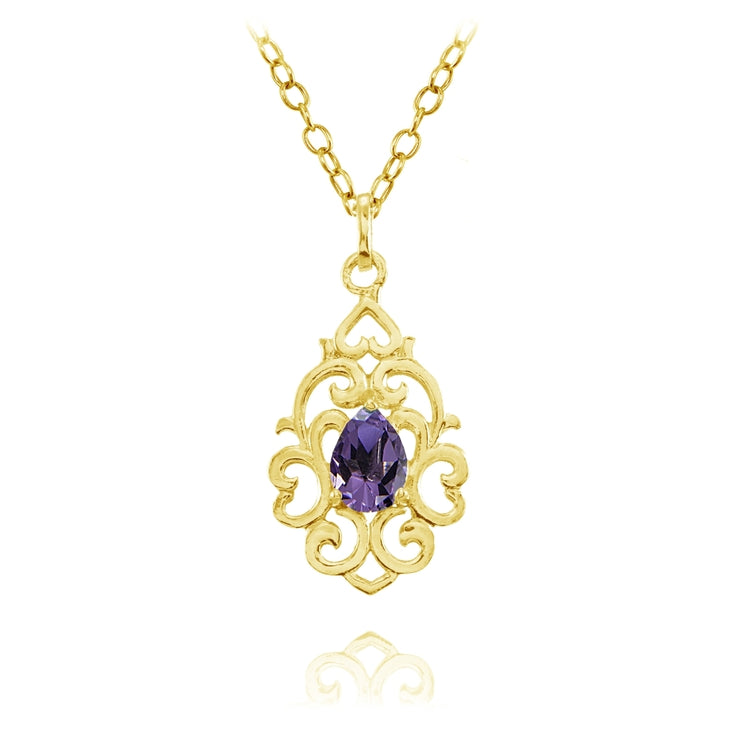Yellow Gold Flashed Sterling Silver African Amethyst Filigree Heart Teardrop Necklace