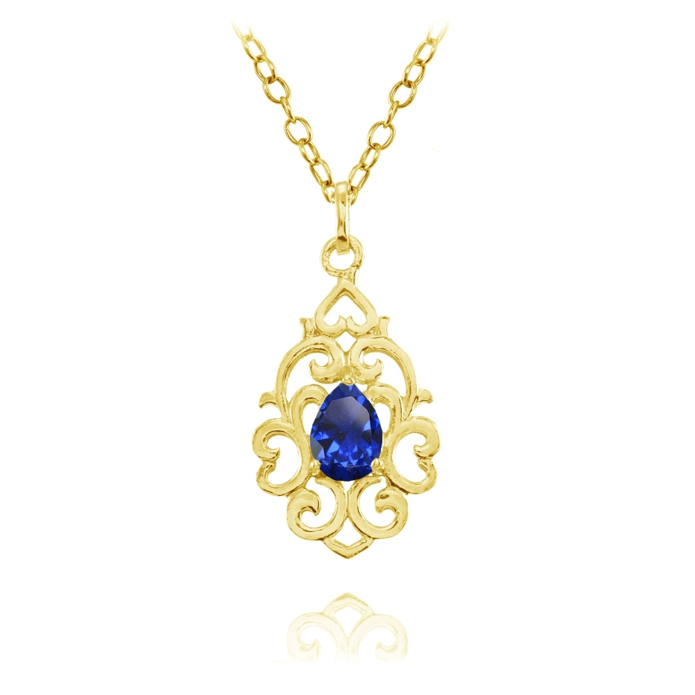 Yellow Gold Flashed Sterling Silver Created Blue Sapphire Filigree Heart Teardrop Necklace