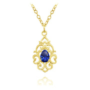 Yellow Gold Flashed Sterling Silver Created Blue Sapphire Filigree Heart Teardrop Necklace