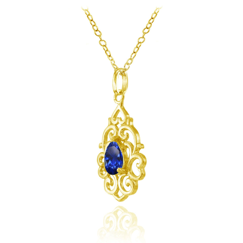 Yellow Gold Flashed Sterling Silver Created Blue Sapphire Filigree Heart Teardrop Necklace-2