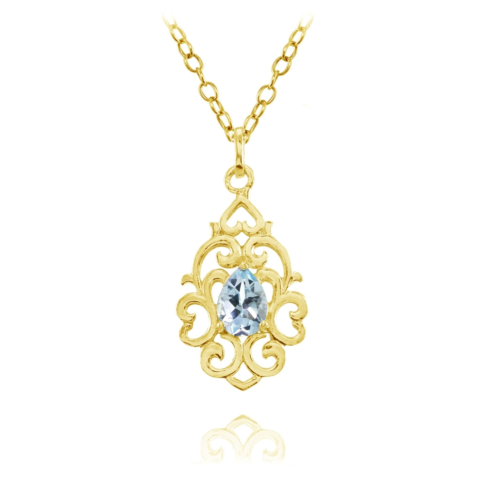 Yellow Gold Flashed Sterling Silver Blue Topaz Filigree Heart Teardrop Necklace