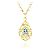 Yellow Gold Flashed Sterling Silver Blue Topaz Filigree Heart Teardrop Necklace