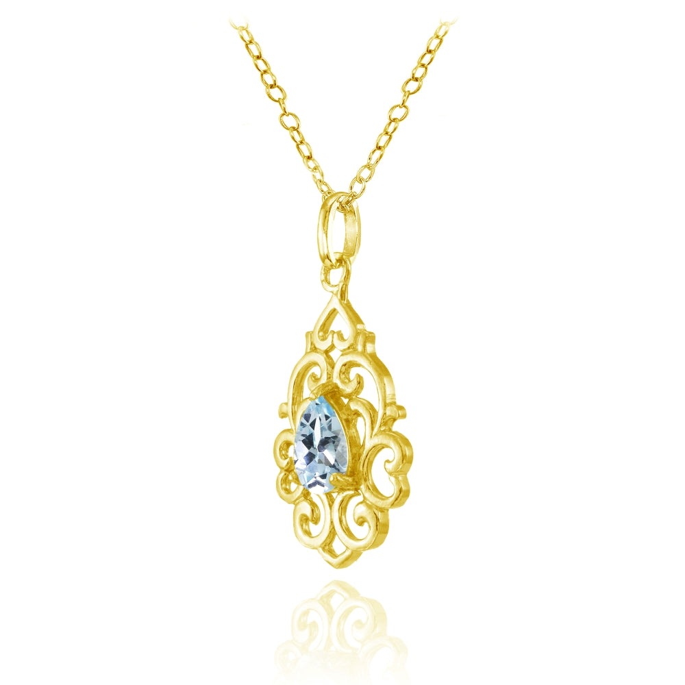 Yellow Gold Flashed Sterling Silver Blue Topaz Filigree Heart Teardrop Necklace-2