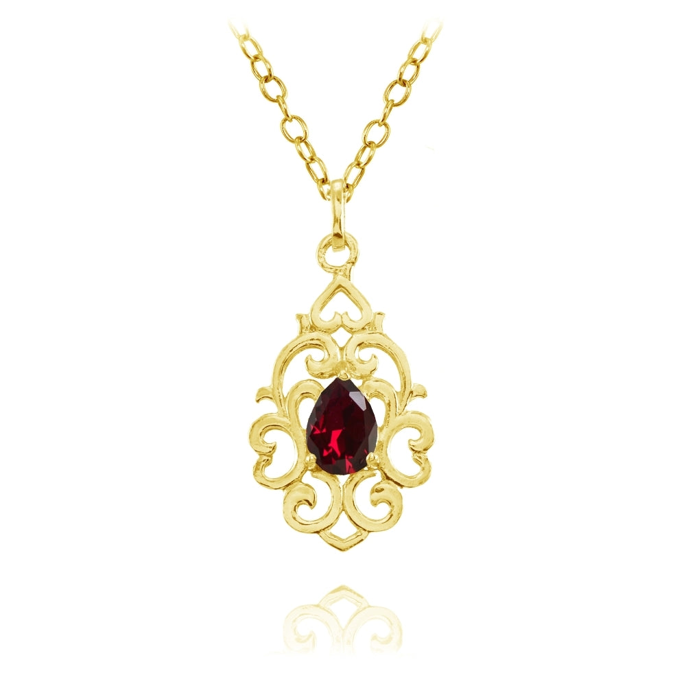 Yellow Gold Flashed Sterling Silver Created Ruby Filigree Heart Teardrop Necklace
