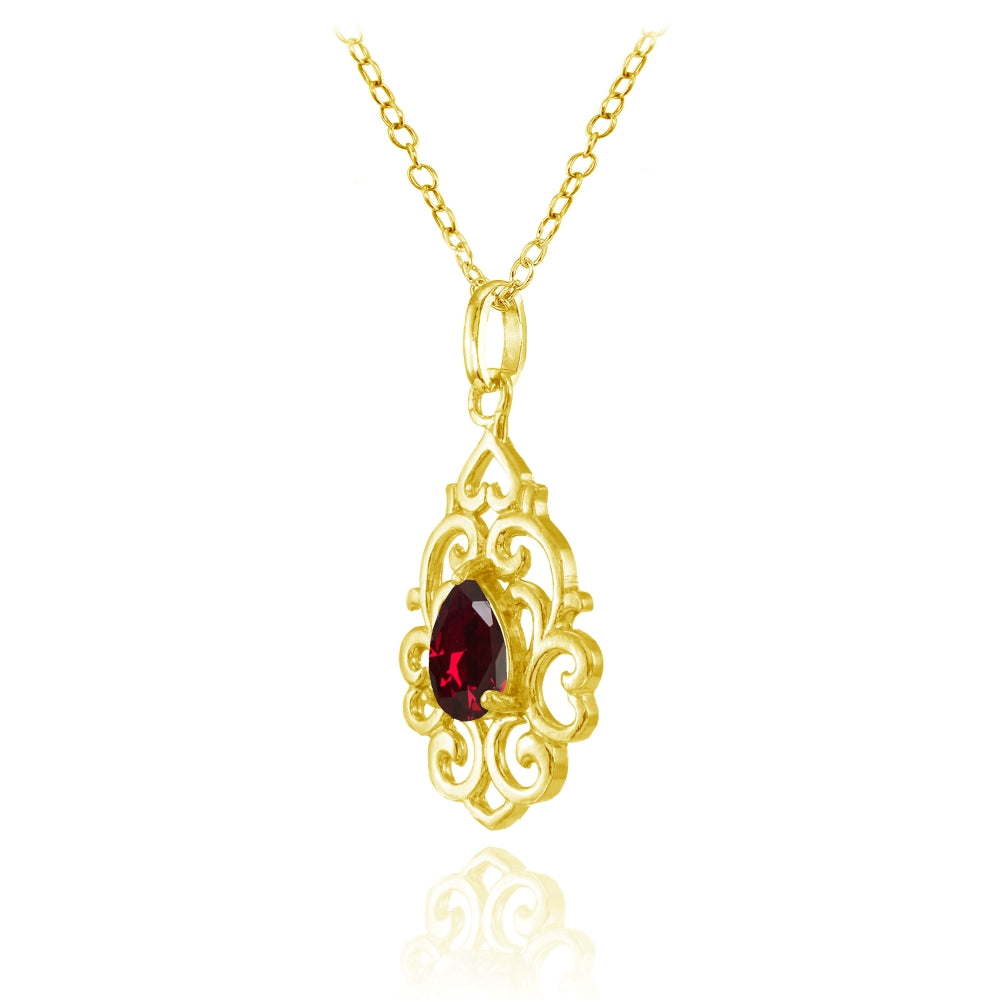 Yellow Gold Flashed Sterling Silver Created Ruby Filigree Heart Teardrop Necklace-2