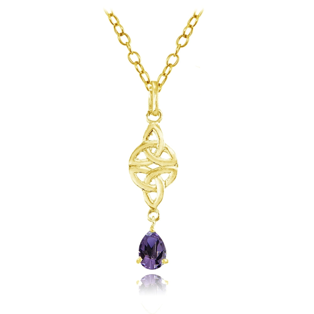 Yellow Gold Flashed Sterling Silver African Amethyst Celtic Trinity Knot Teardrop Necklace