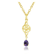 Yellow Gold Flashed Sterling Silver African Amethyst Celtic Trinity Knot Teardrop Necklace