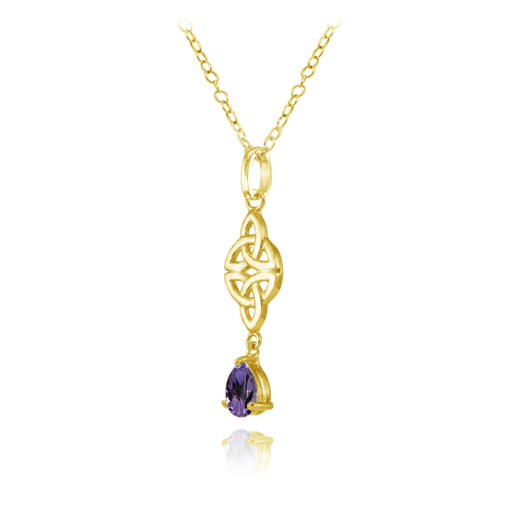 Yellow Gold Flashed Sterling Silver African Amethyst Celtic Trinity Knot Teardrop Necklace-2