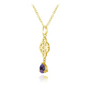 Yellow Gold Flashed Sterling Silver African Amethyst Celtic Trinity Knot Teardrop Necklace
