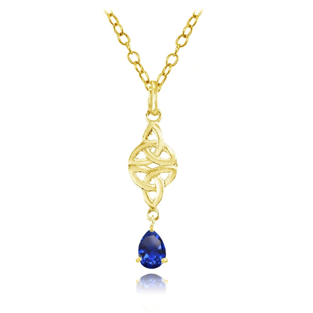 Yellow Gold Flashed Sterling Silver Created Blue Sapphire Celtic Trinity Knot Teardrop Necklace