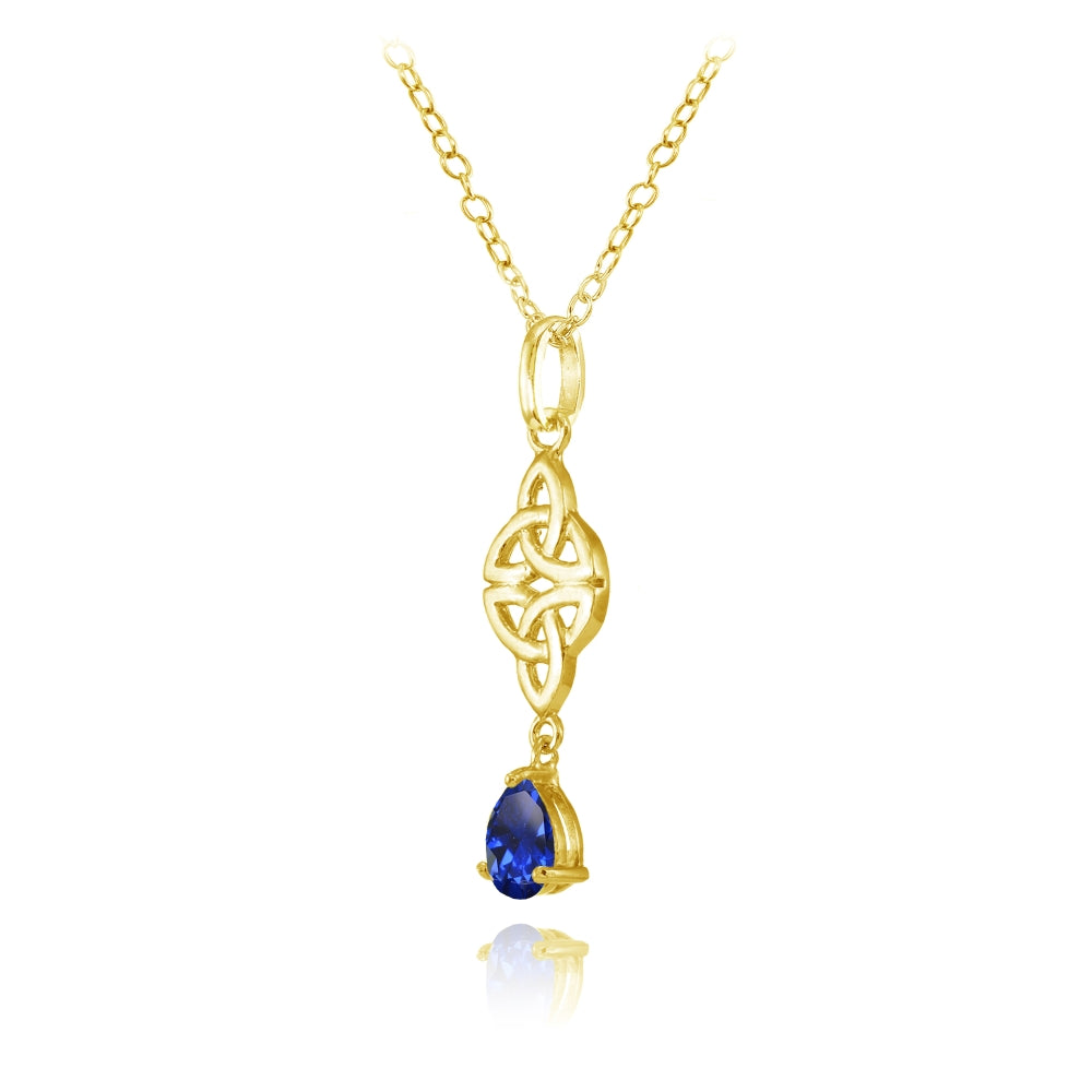 Yellow Gold Flashed Sterling Silver Created Blue Sapphire Celtic Trinity Knot Teardrop Necklace-2