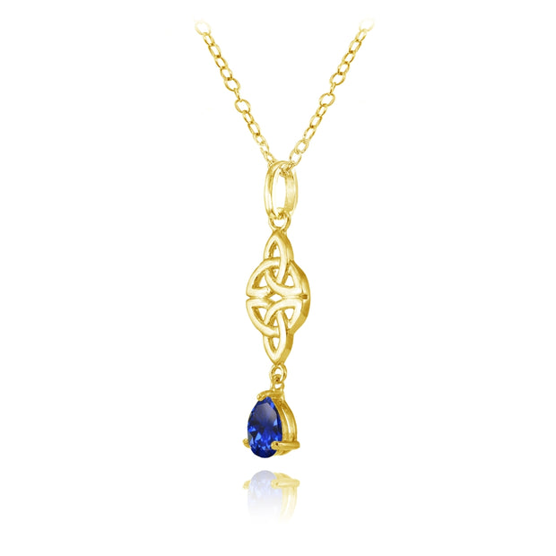 Yellow Gold Flashed Sterling Silver Created Blue Sapphire Celtic Trinity Knot Teardrop Necklace