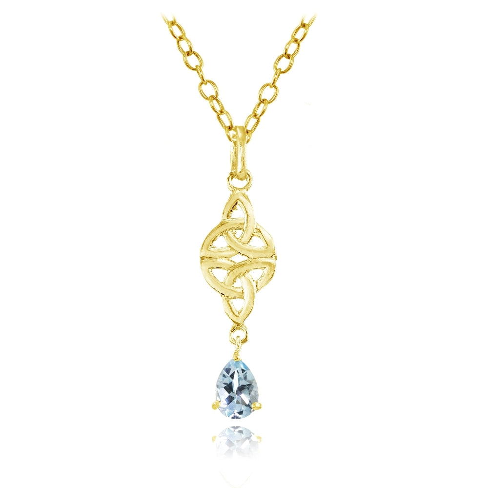 Yellow Gold Flashed Sterling Silver Blue Topaz Celtic Trinity Knot Teardrop Necklace